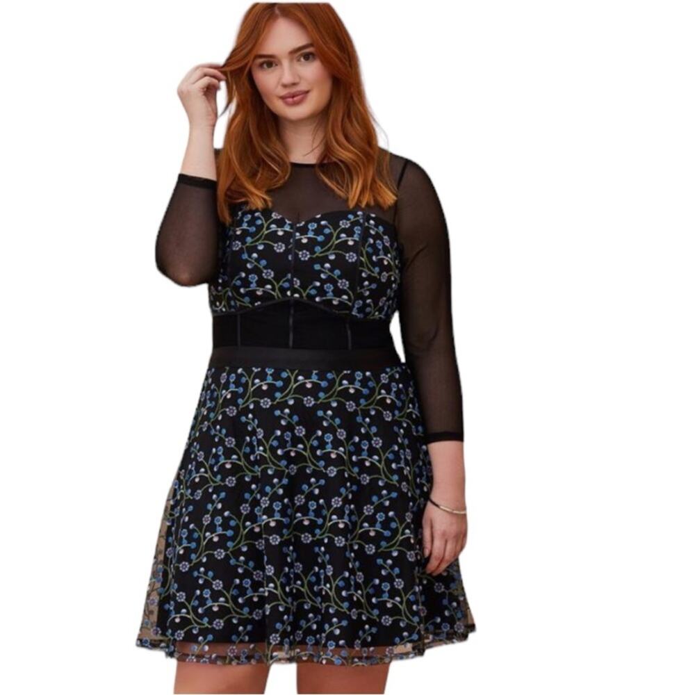 Torrid Special Occasions Black Mesh & Blue Embroidered Skater Dress Plus Size 10